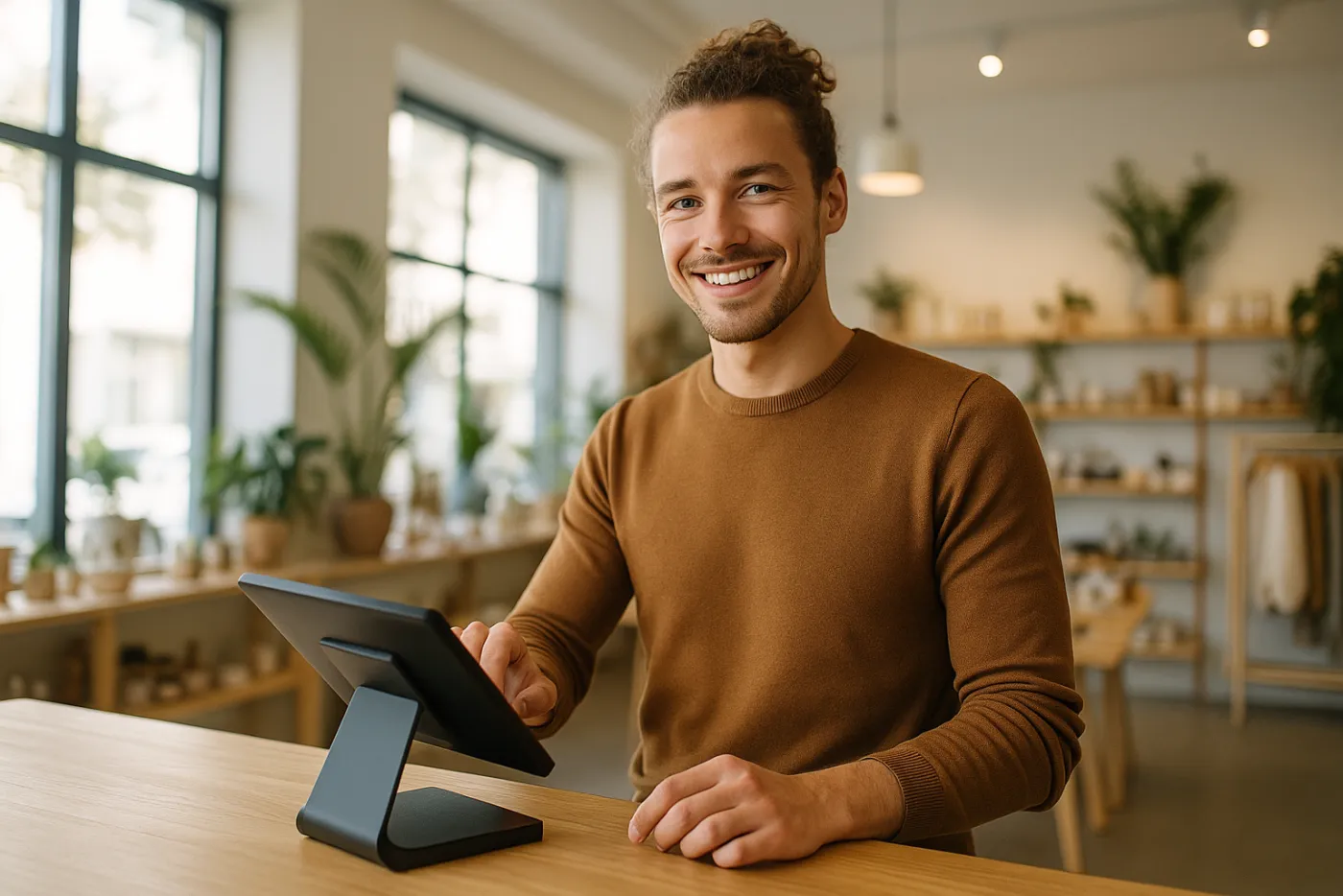 Ondernemer rekent een klant af met de wiwokassa touchscreen-kassa