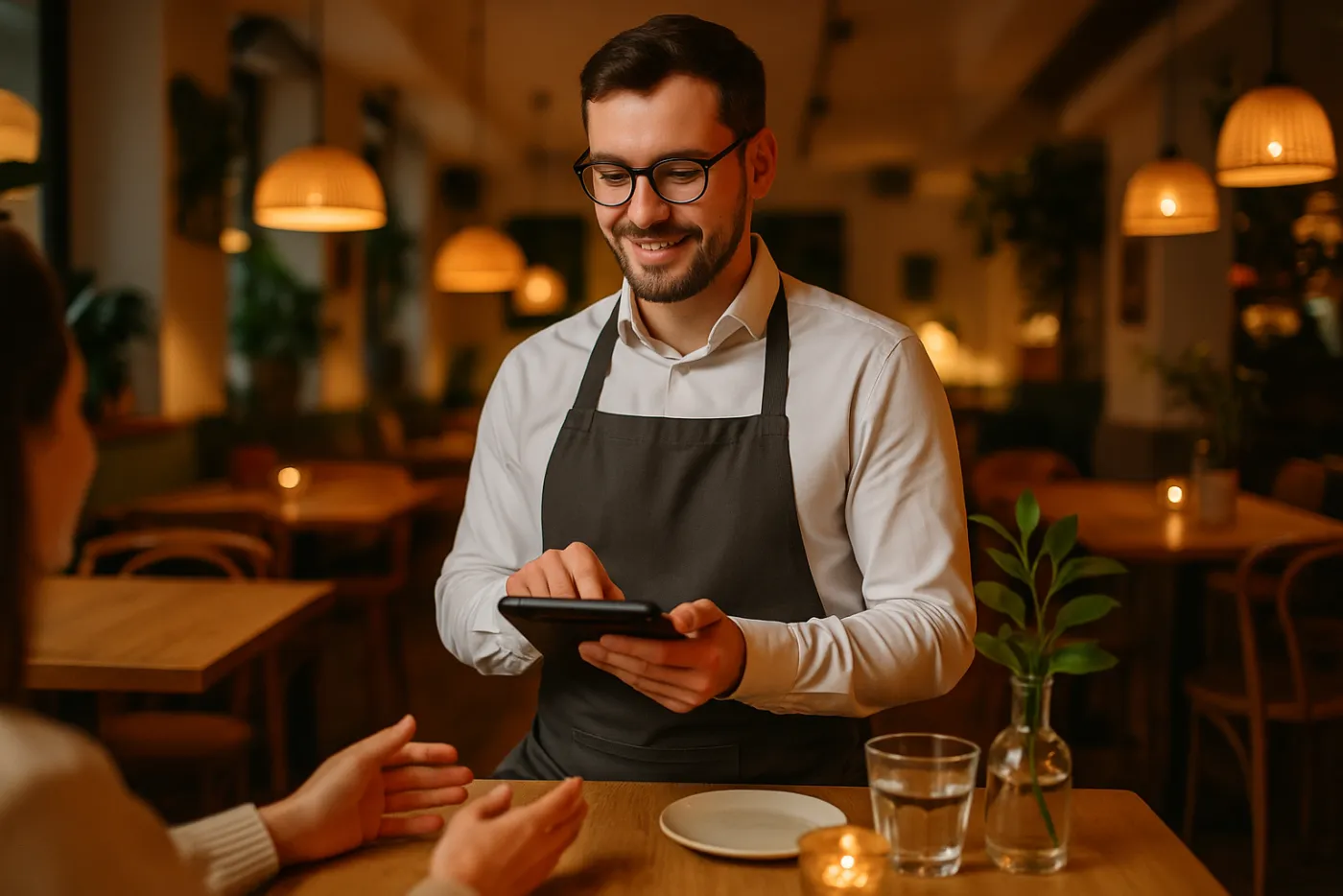 Ober met een handheld-kassa neemt een bestelling op in een café