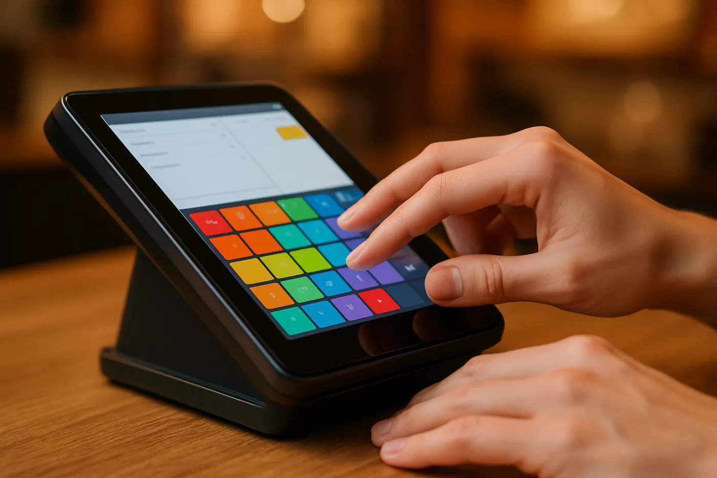 Handen bedienen de touchscreen-kassa van wiwokassa